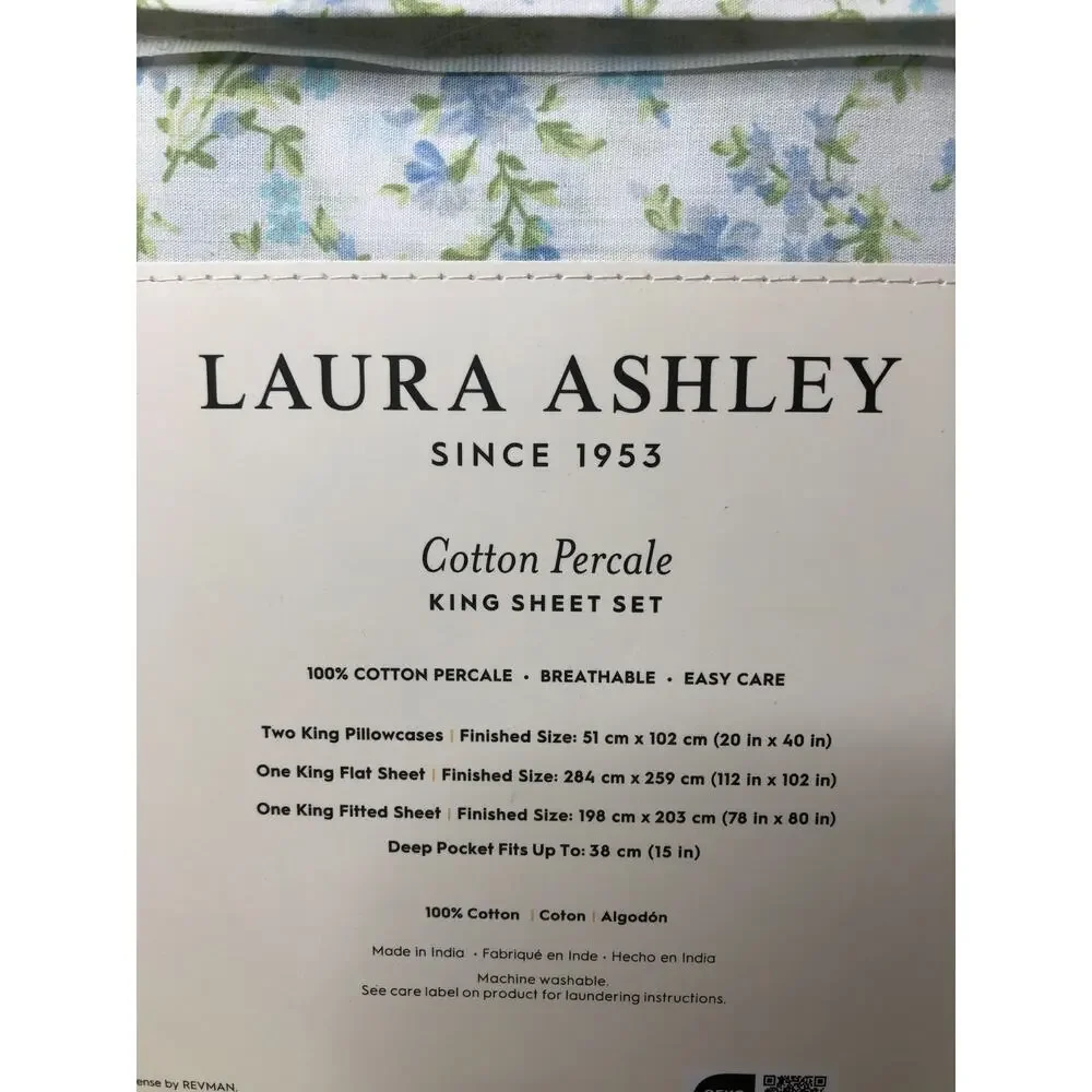 Laura Ashley King Sheet Set Petite Fleur Blue 4pc Cottage Farmhouse Green Shabby